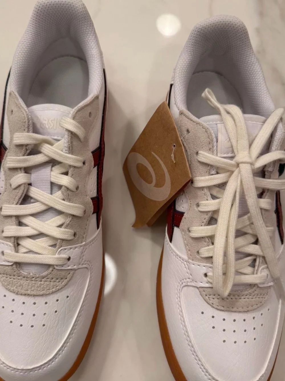 ASICS White Sneakers with Maroon Stripes and Gum Sole